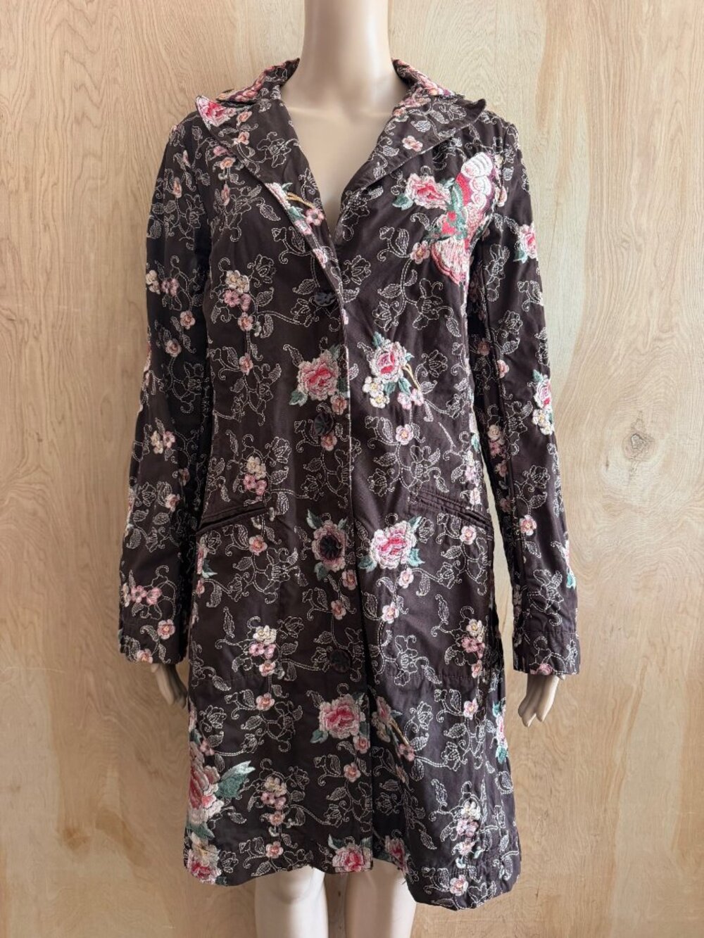 Rare Vintage Johnny Was Brown Embroidered Cotton Duster Coat w/Ornate Collar M - Picture 3 of 16